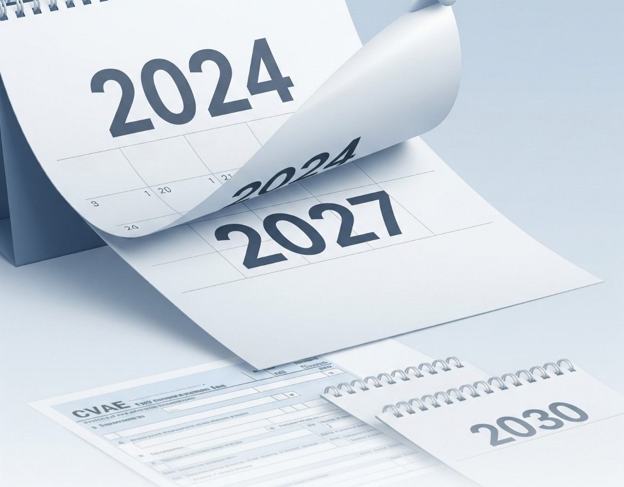 La suppression de la CVAE représentée par un agenda marquant les années 2024, 2027 et 2030, et un formulaire fiscal CVAE, symbolisant le report progressif de la suppression jusqu’en 2030.