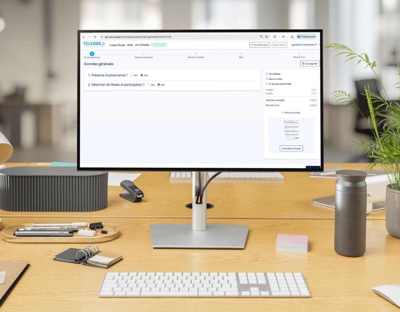 Interface du logiciel Teledec affichant une déclaration de liasse fiscale sans logiciel comptable grâce au module guidé Simply Liasse.