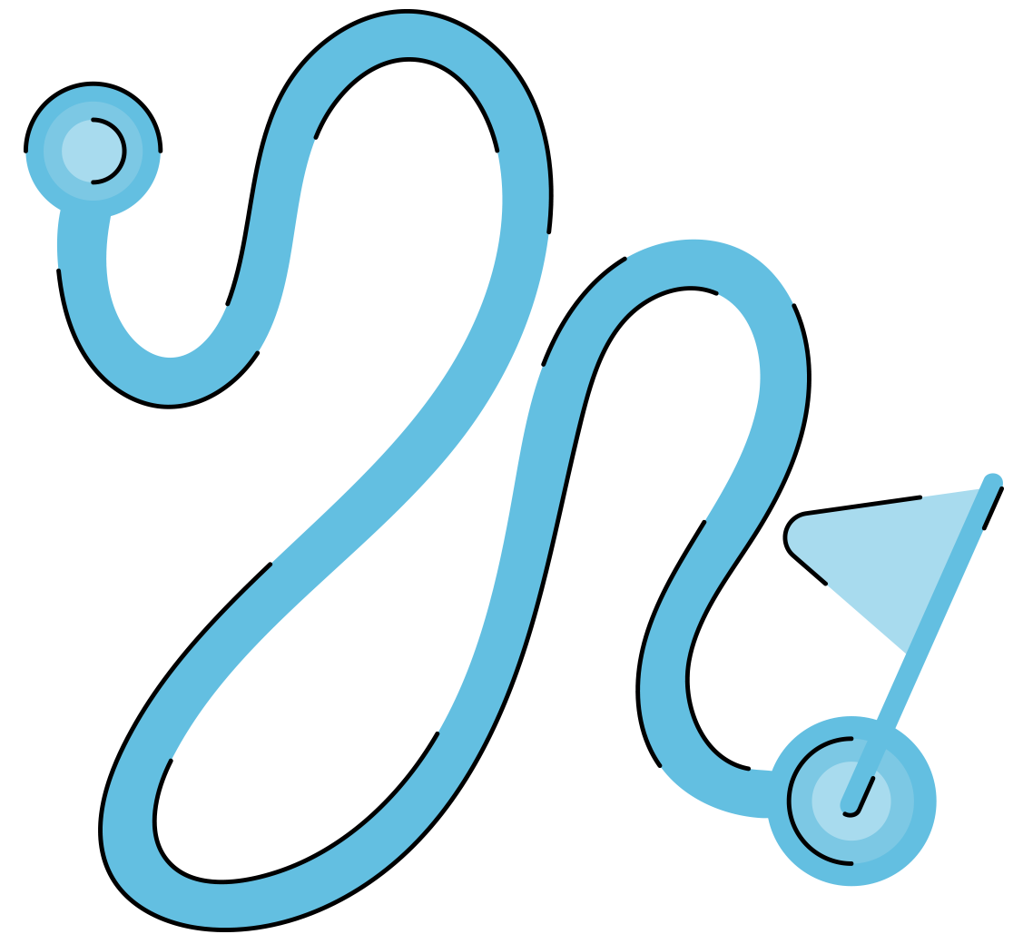 Vue aérienne d'un chemin avec point de départ et drapeau d’arrivée, qui représente la route à suivre pour réussir la création de sa SCI.