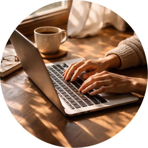 Gros plan sur des mains tapant sur le clavier d'un ordinateur portable à côté d'une tasse de café, représentant la signature du mandat pour activer la facturation électronique.
