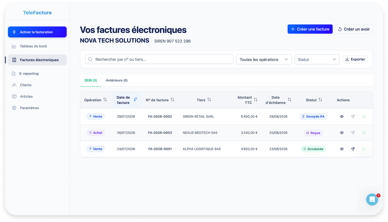 Interface de l'espace client Teledec illustrant la centralisation automatique des factures d'achat et le suivi des paiements fournisseurs en temps réel